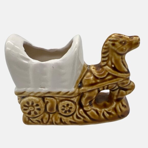 Vintage Ceramic Toothpick Holder Covered Wagon & Horse Figurine 4" x 2.5" - Picture 1 of 6